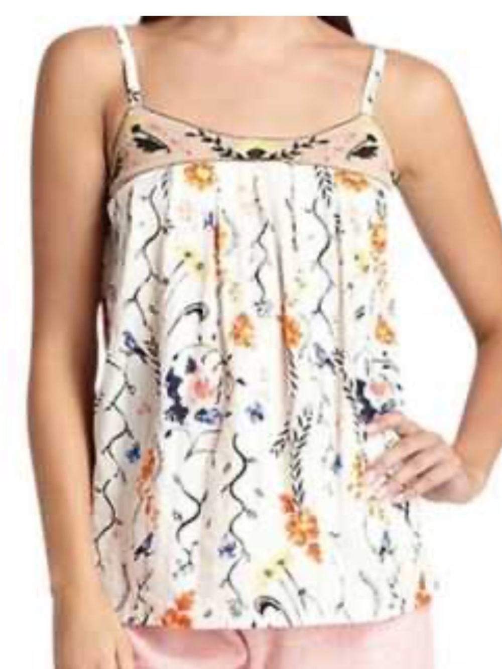 Anthropologie Cream Floral Camisole with Orange, Navy & Yellow Embroidery